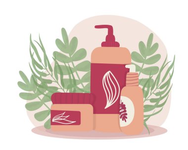 Güzel kozmetik ürünleri şişelerde, tüplerde ve kavanozlarda organik kozmetik ürünler ve makyaj malzemeleri. Vektör illüstrasyonu