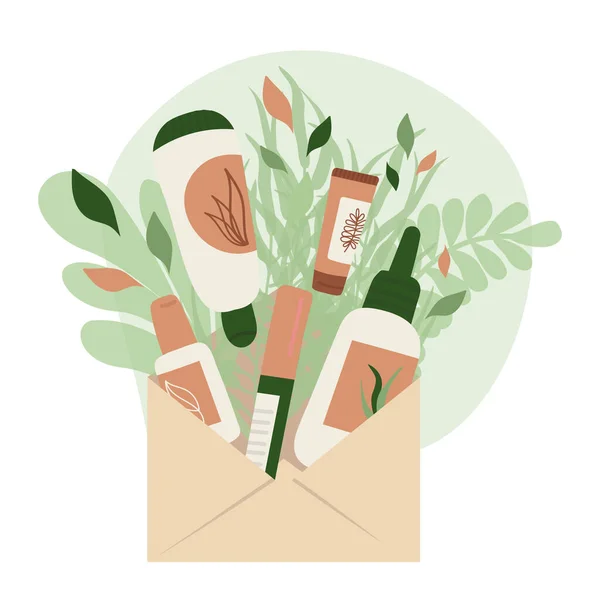 Güzel kozmetik ürünleri şişelerde, tüplerde ve kavanozlarda organik kozmetik ürünler ve makyaj malzemeleri. Vektör illüstrasyonu