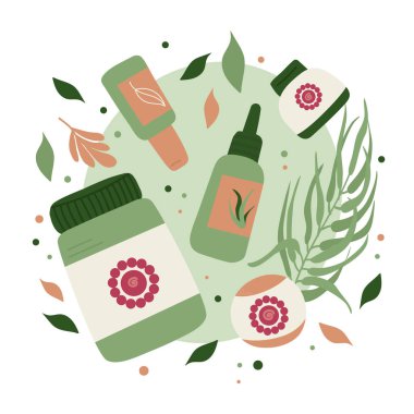 Güzel kozmetik ürünleri şişelerde, tüplerde ve kavanozlarda organik kozmetik ürünler ve makyaj malzemeleri. Vektör illüstrasyonu