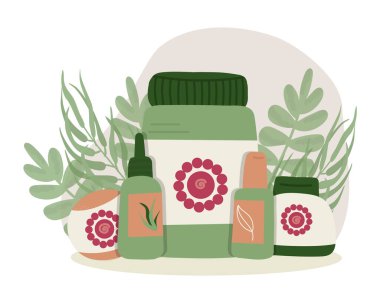 Güzel kozmetik ürünleri şişelerde, tüplerde ve kavanozlarda organik kozmetik ürünler ve makyaj malzemeleri. Vektör illüstrasyonu