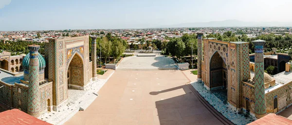 Samarcanda Uzbekistán Vista Aérea Del Dron Plaza Registan Traducción Mezquita — Foto de Stock