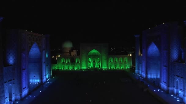 Samarkand Uzbekistán Letecký Pohled Ulug Madrassah Colorfull Registan Náměstí Noci — Stock video