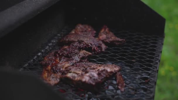 Man Grillen Vlees Barbecue — Stockvideo