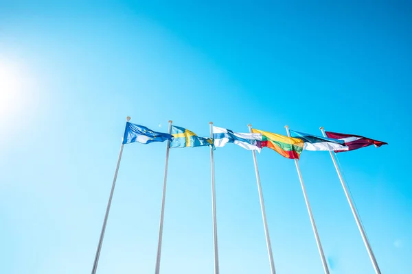 Flags Baltic Countries Scandinavia Waving Sky Beautiful Summer Day — Stock Photo, Image