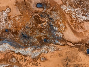 Hver Jeotermal Bölgesi, İzlanda 'nın havadan görünüşü, gerçeküstü bir manzarada canlı mavi ve turuncu jeotermal havuzlar ve çamur çukurları gösteriyor..