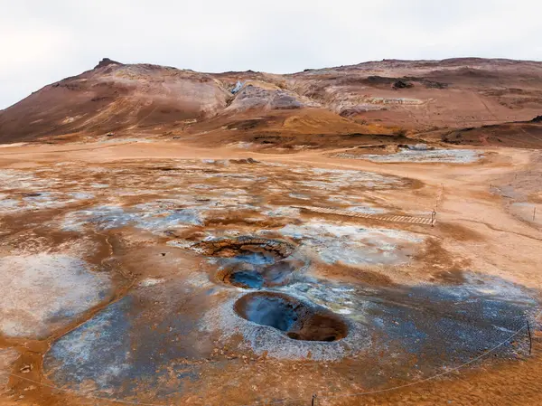 stock image Aerial view of Hverir Geothermal Area in Iceland  capturing boiling mud pools fumaroles and the dramatic landscape of this geothermal hotspot near Lake Mvatn.