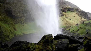 İzlanda 'daki Kvernufoss şelalesinin arkasından bakıldığında, yemyeşil yosun, engebeli kaya oluşumları ve resim gibi bir manzarada çağlayan bir şelale ile gizli bir mücevher sergilenmektedir.