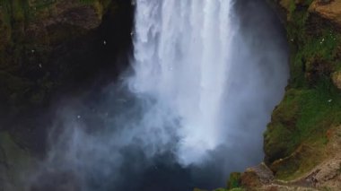 Yaz boyunca İzlanda 'daki Skogafoss şelalesinin ve nehrin tepeden aşağı manzarası