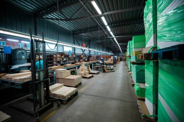 İyi ışıklandırılmış bir imalat ortamında işlemeye, sanayi verimliliğini ve hassasiyetini göstermeye hazır taze kesilmiş kereste panelleri olan büyük bir marangoz fabrikası.