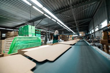 Karton ve ambalaj malzemeleriyle çevrili bir sanayi deposunda çalışan bir işçi ambalaja hazırlanıyor.
