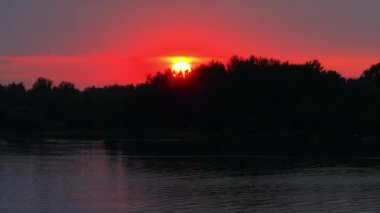 Karanlık bir ormanın üzerinde canlı bir günbatımı, parlak turuncu güneş ağaçların tepesinde, manzaranın üzerine sıcak bir ışık saçıyor..