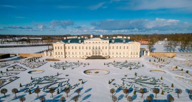 Drone Panorama of Rundale Palace and Garden in Latvia,  Majestic Baroque Architecture and Scenic Beauty clipart