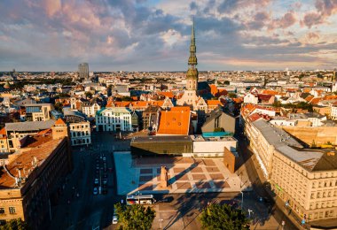 Aerial view of the Riga old town in Latvia. Beautiful historical buildings and Domes cathedral. Summer in Riga.