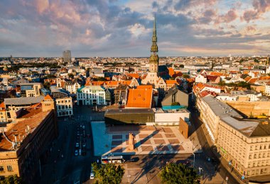 Aerial view of the Riga old town in Latvia. Beautiful historical buildings and Domes cathedral. Summer in Riga.