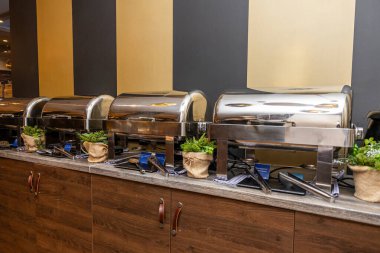 Paslanmaz Çelik Aşındırıcı Tabaklar ve Otelde Taze Bitkilerle Çağdaş Büfe