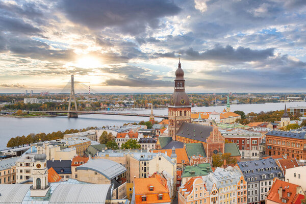 Beautiful aerial Riga view from above. View from the St. Peters cathedral during sunset