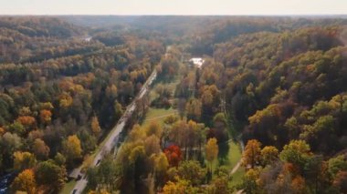 Sigulda, Letonya 'da sık bir orman canlı bir sonbahar yeşilliği sergiliyor. Dolambaçlı bir yol, açık mavi gökyüzünün altındaki uzak bir kaleye götürür, sahneyi güzelleştirir..