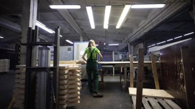 Açıkta duran kirişleri, makineleri ve istiflenmiş tahtaları olan bir fabrikanın içi. Yeşil tulumlu bir işçi, parlak ışıkların altında bir çalışma yerinde duruyor..