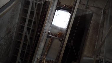 Metal taşıma sistemi, beton ve metal bir endüstriyel yapıda parmaklıkları olan rendelenmiş bir merdivenin yanındaki ahşap enkazı taşıyor..