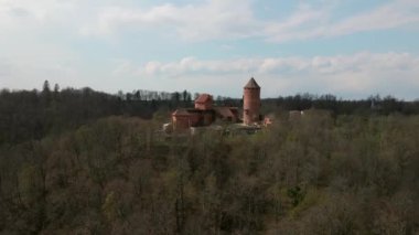 Ortaçağ tarzı, silindirik kulesi olan kırmızı tuğladan bir kale. Tavan döşemeleri ve savunma duvarları var. Parçalı bulutlu bir gökyüzünün altında ormanın ortasına kurulmuş..