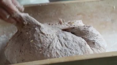 Ellerin, sert yoğurma, un tozlu hamur, tahtadan bir kabın içinde görünür tohumlar, zanaatkar ekmek yapma sürecini vurguluyor..