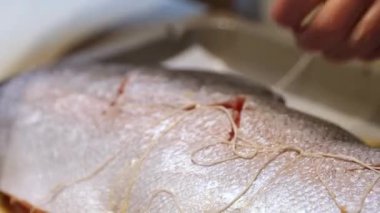 İple bağlanmış gümüş pullu bir balığın detaylı görüntüsü. Bir el, arka planda, yumuşak ışıklandırma altında temiz bir yüzey üzerinde çalışır..