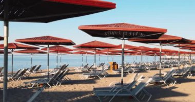 Boş şezlonglar ve kumlu bir sahilde, sakin bir deniz ve açık mavi gökyüzü olan kırmızı şemsiyeler kıyı ortamında çarpıcı bir görsel şablon oluşturuyor..