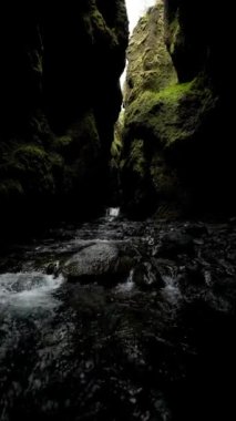 İzlanda 'da dar bir kanyon dik, yosun kaplı kaya duvarları ve filtrelenmiş ışıkla vurgulanmış pürüzsüz taşların üzerinden akan parlak bir akarsu içerir..