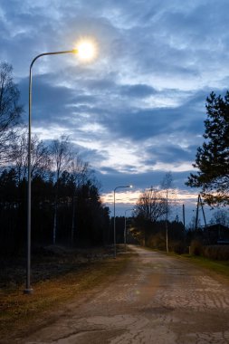 Çatlak kaldırımlı bir kırsal yol, belirgin bir şekilde parlayan bir yol da dahil olmak üzere sokak lambalarıyla aydınlatılıyor. İnce ağaçlar mavi ve turuncu bir gökyüzünün altında yol boyunca uzanır..