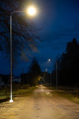 Sıcak sokak lambalarıyla aydınlatılmış, mavi bir gökyüzünün altında kırsal bir yol uzanır. Nadir ağaçlar, bitki örtüsü ve evler su birikintileriyle dolu engebeli bir yol..