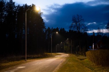 Sokak lambalarıyla aydınlatılmış, ağaçlar ve çitlerle çevrili bir kırsal yol. Kısmen bulutlu bir akşam gökyüzünün altında birkaç ev görünüyor..