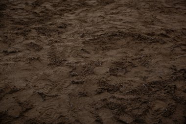 Görünür ayak izleri ve lastik izleri olan kirli yüzey, gevşek toprak ve loş ışık altında sıkıştırılmış bölgeler ve toprak tonu altında.