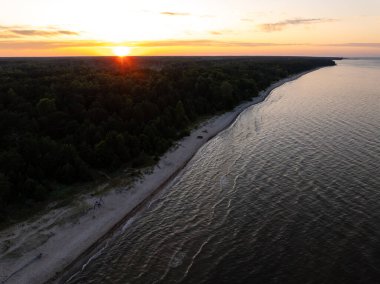 Gün batımında, sık bir ormanla çevrili sakin sular boyunca kumlu bir sahil şeridi. Kıyı şeridi ufka doğru yavaşça kıvrılır..