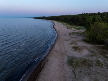 Uzun ve kumlu bir kıyı şeridi, sakin sularla nazik dalgalarla buluşur. Yoğun ağaçlar sahili çevrelemiş, seyrek bitki örtüsü ve dağınık yapılar görülebilir..