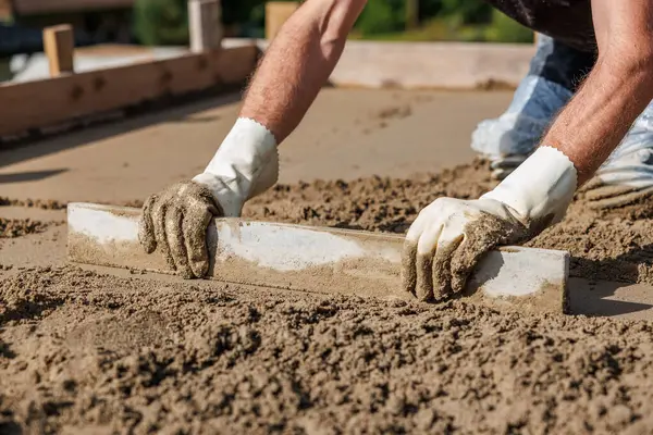 Beyaz eldivenli bir işçinin elleri düz bir aletle ıslak betonu düzleştirir. Tahta şekiller yüzeyi sarar, doğal elementler uzak mesafeden bulanıklaşır..