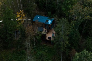 Mavi metal çatısı, tavan penceresi ve uzun ağaçlarla çevrili ahşap güvertesi ve tenha bir orman bölgesinde yoğun yaprakları olan küçük bir kulübe..