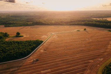 Gün batımında saman balyalarıyla biçilmiş bir tarla, toprak yolda bir traktör, ve ufukta yoğun bir orman, canlı bir kontrast oluşturuyor..