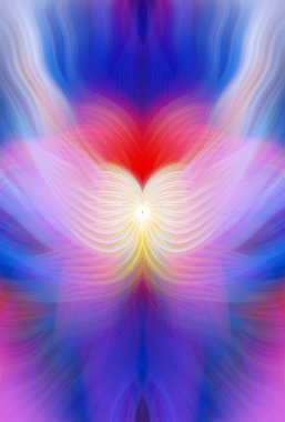 Renkli soyut modern sanat arka planı canlı renkler, simetrik kaleydoskop desenleri ve mavi, kırmızı, pembe, sarı ve yeşil renkli akışkan dokular.