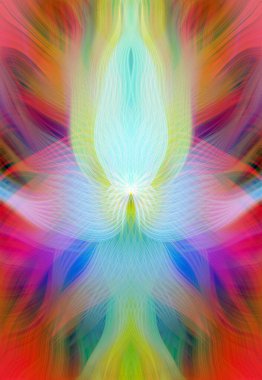 Renkli soyut modern sanat arka planı canlı renkler, simetrik kaleydoskop desenleri ve mavi, kırmızı, pembe, sarı ve yeşil renkli akışkan dokular.