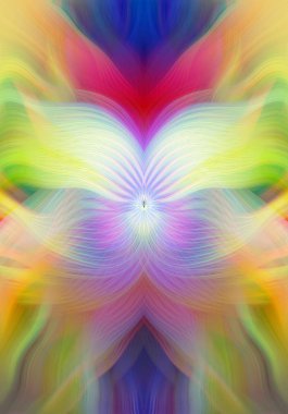 Renkli soyut modern sanat arka planı canlı renkler, simetrik kaleydoskop desenleri ve mavi, kırmızı, pembe, sarı ve yeşil renkli akışkan dokular.