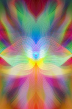 Renkli soyut modern sanat arka planı canlı renkler, simetrik kaleydoskop desenleri ve mavi, kırmızı, pembe, sarı ve yeşil renkli akışkan dokular.