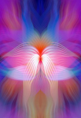 Renkli soyut modern sanat arka planı canlı renkler, simetrik kaleydoskop desenleri ve mavi, kırmızı, pembe, sarı ve yeşil renkli akışkan dokular.