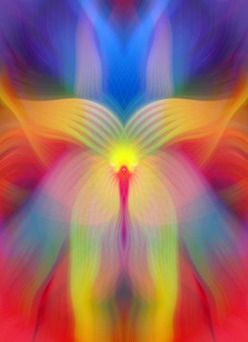 Renkli soyut modern sanat arka planı canlı renkler, simetrik kaleydoskop desenleri ve mavi, kırmızı, pembe, sarı ve yeşil renkli akışkan dokular.