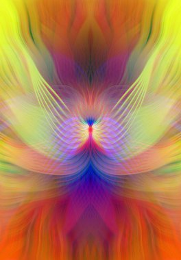 Renkli soyut modern sanat arka planı canlı renkler, simetrik kaleydoskop desenleri ve mavi, kırmızı, pembe, sarı ve yeşil renkli akışkan dokular.