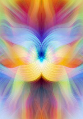 Renkli soyut modern sanat arka planı canlı renkler, simetrik kaleydoskop desenleri ve mavi, kırmızı, pembe, sarı ve yeşil renkli akışkan dokular.