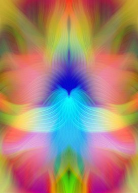 Renkli soyut modern sanat arka planı canlı renkler, simetrik kaleydoskop desenleri ve mavi, kırmızı, pembe, sarı ve yeşil renkli akışkan dokular.