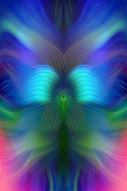 Renkli soyut modern sanat arka planı canlı renkler, simetrik kaleydoskop desenleri ve mavi, kırmızı, pembe, sarı ve yeşil renkli akışkan dokular.