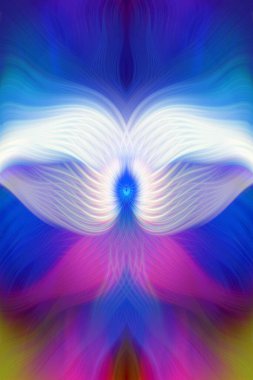 Renkli soyut modern sanat arka planı canlı renkler, simetrik kaleydoskop desenleri ve mavi, kırmızı, pembe, sarı ve yeşil renkli akışkan dokular.