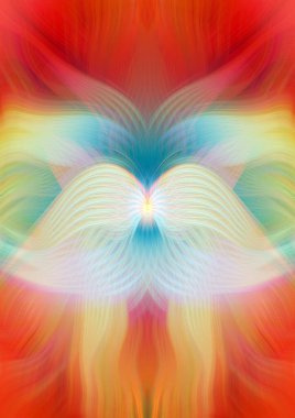 Renkli soyut modern sanat arka planı canlı renkler, simetrik kaleydoskop desenleri ve mavi, kırmızı, pembe, sarı ve yeşil renkli akışkan dokular.