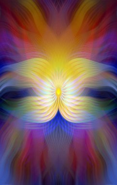 Renkli soyut modern sanat arka planı canlı renkler, simetrik kaleydoskop desenleri ve mavi, kırmızı, pembe, sarı ve yeşil renkli akışkan dokular.